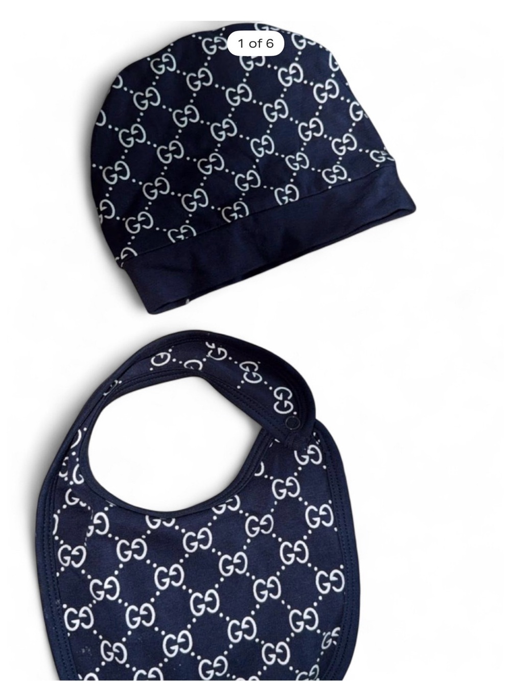Gucci Navy and White GG Logo Baby Bib & Hat Set